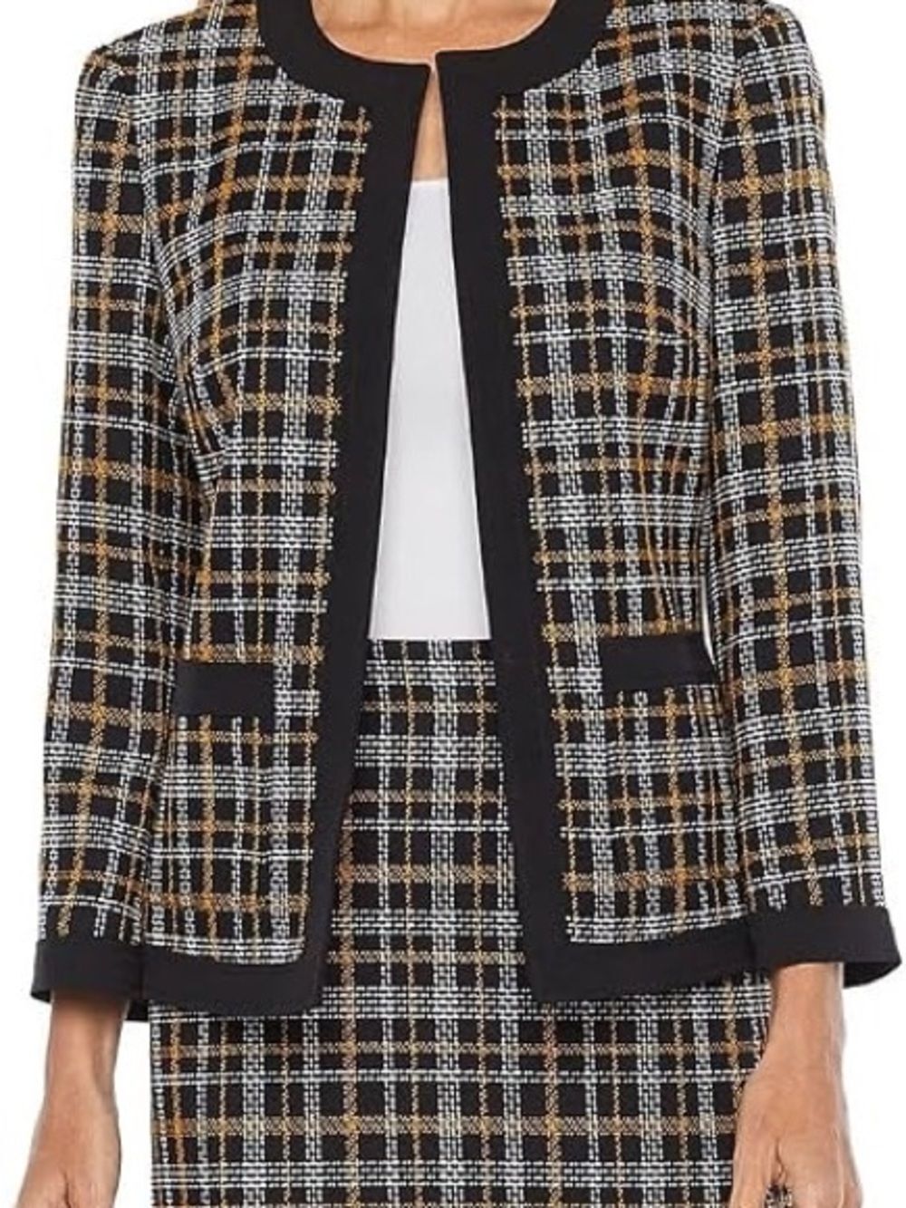 NWT Evan Picone Blazer Size 16 Black/Yellow/White Plaid Open Front 3/4 Sleeve